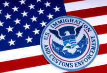 VIDEO: Firebomb Chaos Outside FBI-ICE Fortress US Immigration and Customs Enforcement badge on flag
