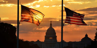 Silhouetted American flags in front of the Capitol building during sunset