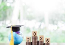 Defaults Explode — 9.5 Million And Rising Globe with a graduation cap next to stacks of coins and wooden blocks displaying the year 2026