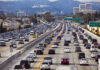 Heavy traffic on a multi-lane highway.