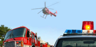 Fire truck police car and helicopter at scene