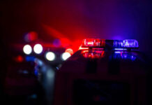 Manhunt For Cop Killer Ends In Woods Police car lights shining in the dark.