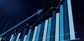 Rising bar graph with upward trending line chart