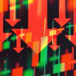 Paper Losses, Real Panic at DJT Red downward arrows over red and green stock candlestick chart