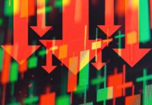 Paper Losses, Real Panic at DJT Red downward arrows over red and green stock candlestick chart