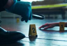 Sunday Gathering Becomes Mass Murder Scene A detective examining evidence at a crime scene with markers on the floor