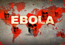 Ebola Surge Stuns Nation Ebola text over world map with red splatters and skulls