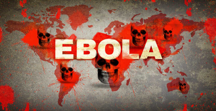 Ebola Ebola text over world map with red splatters and skulls