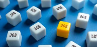 A yellow cube with the word 'JOB' surrounded by white cubes with the same word on a blue background