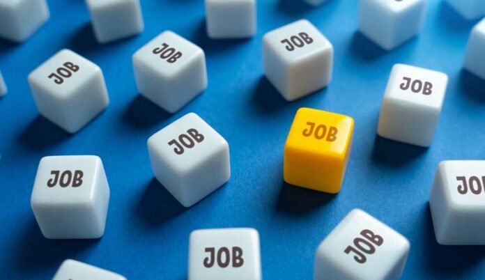 Job,Search.,Find,The,Job,You,Are,Looking,For.,The A yellow cube with the word 'JOB' surrounded by white cubes with the same word on a blue background