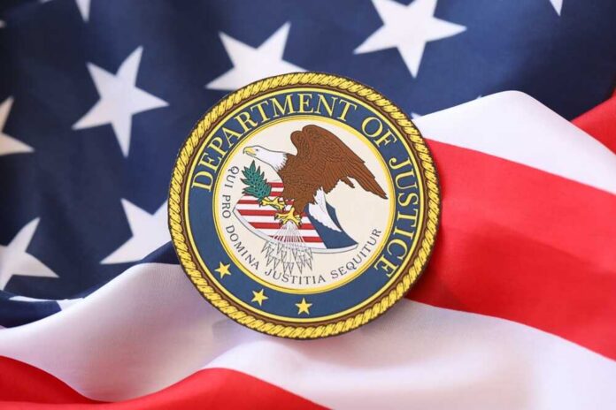 Kyiv,,Ukraine,-,March,9,,2024,Us,Department,Of,Justice Department of Justice seal on an American flag background