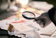 Foul Play Twist In Vanished Mom Case Gloved hand holding a magnifying glass over scattered forensic documents