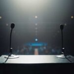 Press Freedom Showdown Hits The Ranks View of a podium with microphones in a dimly lit auditorium