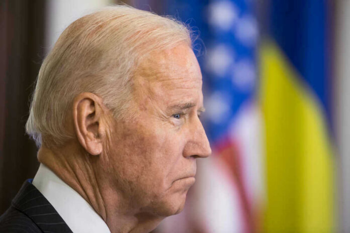 shutterstock_557035780 Joe Biden, side profile, flags behind.
