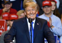Donald Trump speaking at a rally, supporters in background.