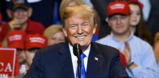 Donald Trump speaking at a rally, supporters in background.