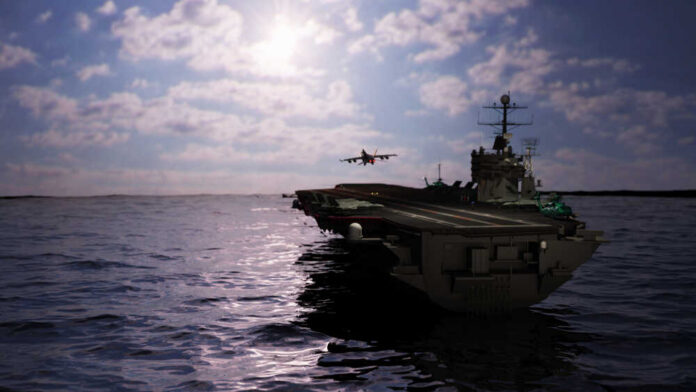 Aircraft,Carrier,Military,Ship,In,Ocean,3d,Rendering