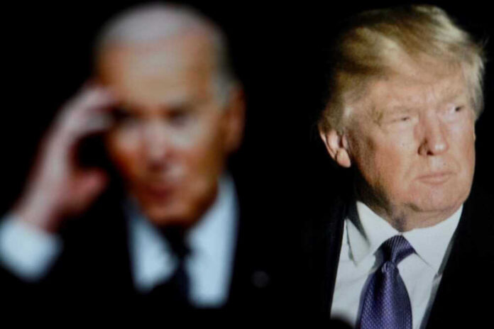 shutterstock_2447459933 Blurred Joe Biden and clear Donald Trump side by side.
