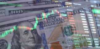 US dollar bills with overlaid stock market charts