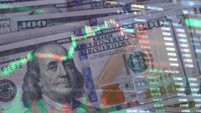 US dollar bills with overlaid stock market charts