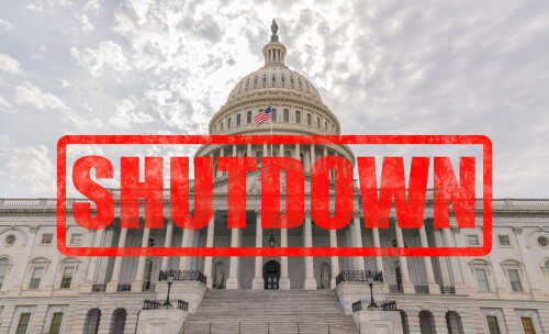 U.S. Capitol building with a red 'SHUTDOWN' overlay