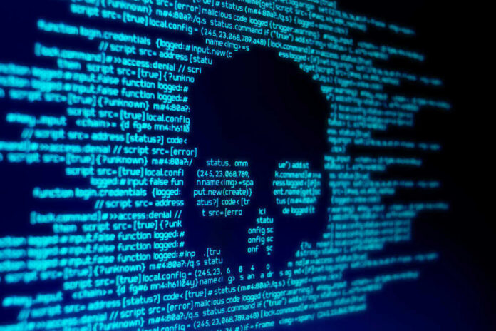 shutterstock_1050436496 Skull silhouette in blue computer code background.