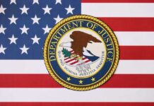 DOJ Blitz Nails 16 For Illegal Voting Department of Justice seal on American flag background