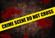 Power Couple Found Dead Yellow caution tape reading 'CRIME SCENE DO NOT CROSS' over a dark, blood-splattered background