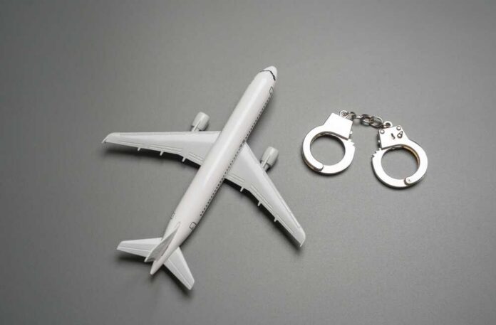 Toy airplane with metal handcuffs on gray background
