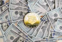 Gold commemorative coin on spread of US hundred-dollar bills