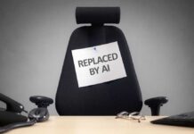 Empty office chair with a sign pinned to the backrest