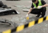 Neck Slash, Rolling Car, CHAOS Police investigating crime scene with evidence marker and body bag.