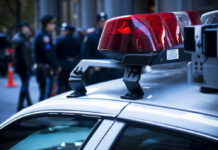 Cop Badge Hid A Killer Police car roof with lights, officers in background.