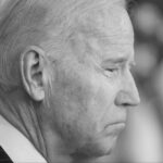 Joe Biden in profile, black-and-white close-up portrait